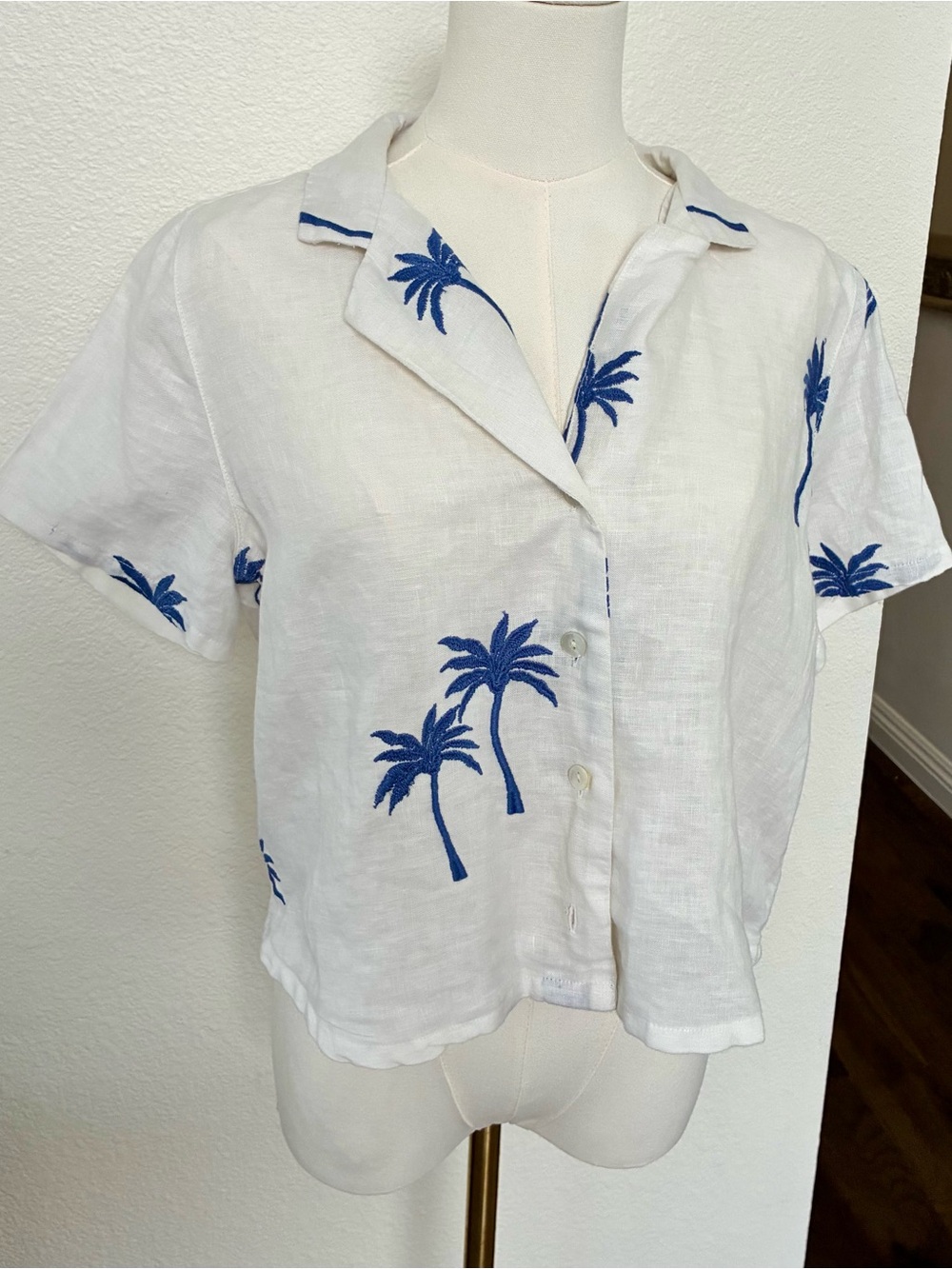 Calypso St. Barth S Small White Embroidered Top Cropped palm trees 100%  Linen